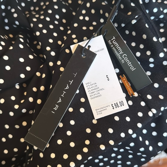 T TAHARI Midi Pencil Skirt Size S Black White Polka Dot Slit Leg Tummy Control - Picture 9 of 12